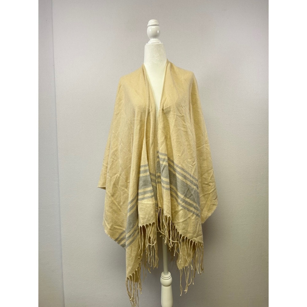 Forever 21 Poncho Wrap Womens One Size Cream Grey Striped Fringe Open Front Boho